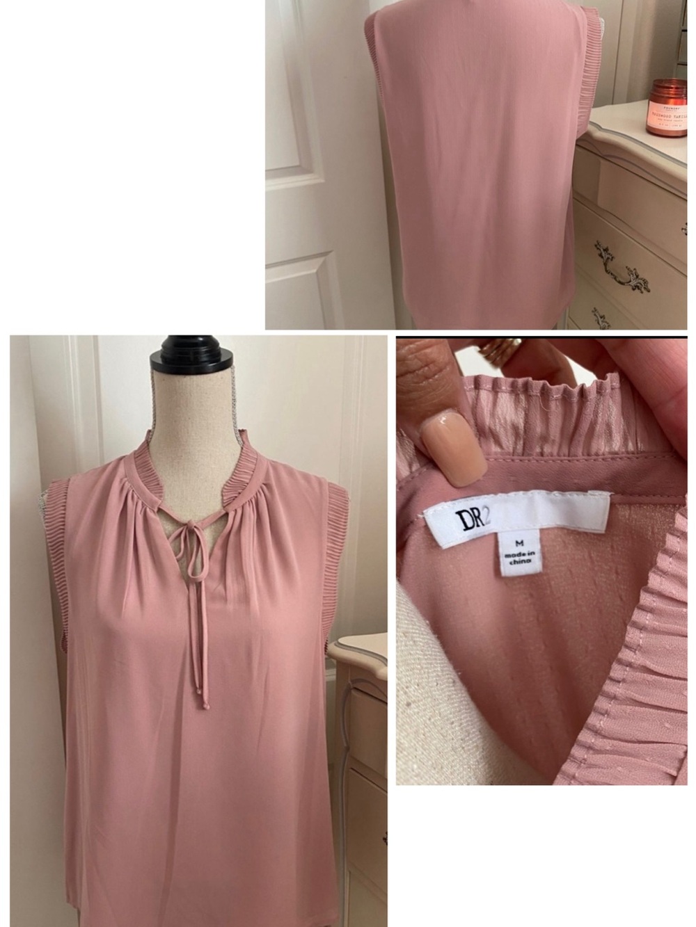 DR2 Dusty Pink Sleeveless Tie-Detail Pleated-Trim Top